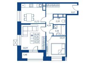 2-к квартира, строящийся дом, 56м2, 6/22 этаж