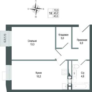 1-к квартира, строящийся дом, 43м2, 3/8 этаж