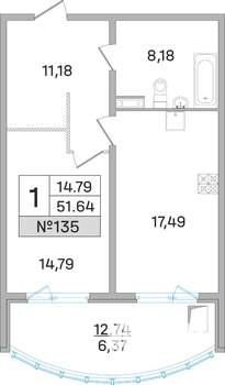 1-к квартира, строящийся дом, 52м2, 16/19 этаж
