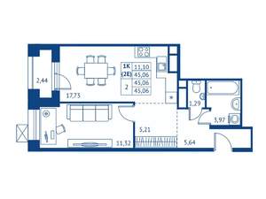 1-к квартира, строящийся дом, 45м2, 10/16 этаж