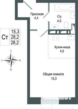 Студия квартира, строящийся дом, 28м2, 3/8 этаж