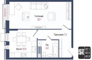 1-к квартира, вторичка, 44м2, 3/8 этаж