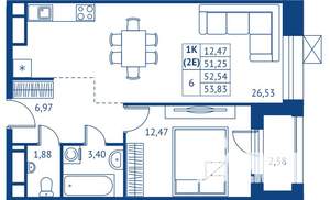1-к квартира, строящийся дом, 51м2, 13/22 этаж