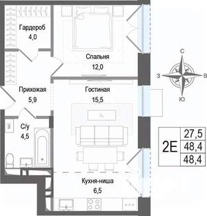 2-к квартира, строящийся дом, 48м2, 2/8 этаж