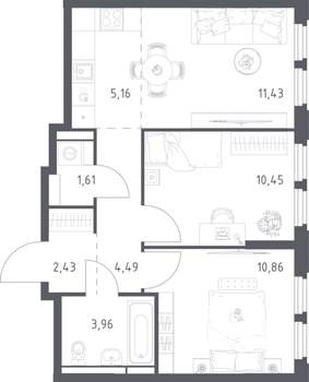 2-к квартира, строящийся дом, 50м2, 3/17 этаж