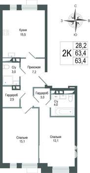 2-к квартира, строящийся дом, 63м2, 2/8 этаж