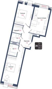 2-к квартира, вторичка, 65м2, 3/8 этаж