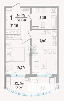 1-к квартира, сданный дом, 52м2, 17/19 этаж
