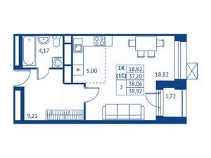 Студия квартира, строящийся дом, 37м2, 18/22 этаж