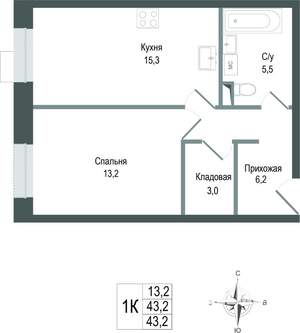 1-к квартира, строящийся дом, 43м2, 2/8 этаж