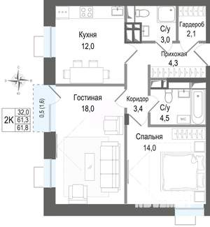 2-к квартира, строящийся дом, 61м2, 3/8 этаж