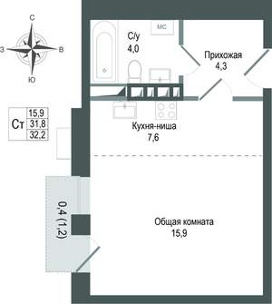 Студия квартира, строящийся дом, 32м2, 3/8 этаж