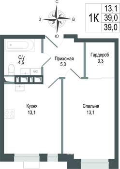 1-к квартира, строящийся дом, 39м2, 2/8 этаж