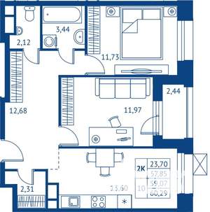 2-к квартира, строящийся дом, 58м2, 5/22 этаж