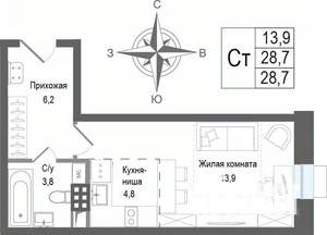 Студия квартира, вторичка, 29м2, 2/8 этаж