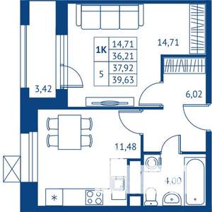 1-к квартира, строящийся дом, 36м2, 2/22 этаж
