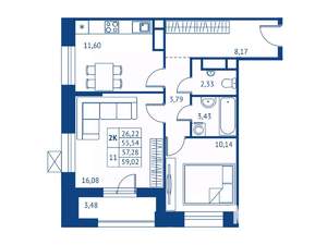 2-к квартира, строящийся дом, 56м2, 14/16 этаж