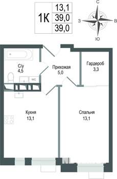 1-к квартира, строящийся дом, 39м2, 3/8 этаж