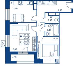 2-к квартира, строящийся дом, 56м2, 12/22 этаж
