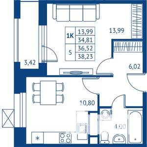 1-к квартира, строящийся дом, 35м2, 7/22 этаж