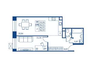 1-к квартира, строящийся дом, 47м2, 2/16 этаж