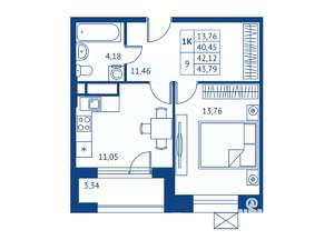 1-к квартира, строящийся дом, 40м2, 2/22 этаж