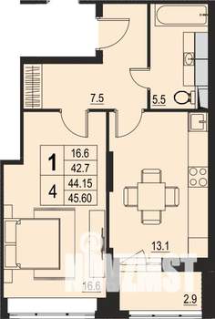 1-к квартира, строящийся дом, 44м2, 15/17 этаж