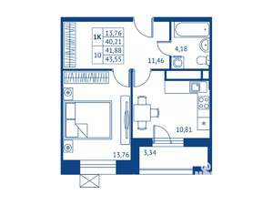 1-к квартира, строящийся дом, 40м2, 13/16 этаж