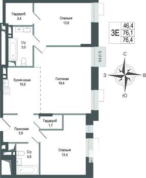 3-к квартира, строящийся дом, 76м2, 3/8 этаж
