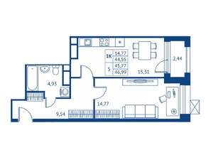 1-к квартира, строящийся дом, 45м2, 5/16 этаж