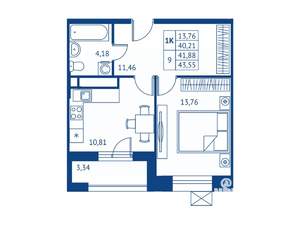 1-к квартира, строящийся дом, 40м2, 8/16 этаж