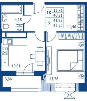 1-к квартира, строящийся дом, 40м2, 11/22 этаж