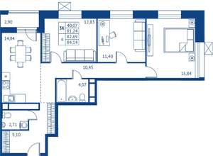 3-к квартира, строящийся дом, 81м2, 13/22 этаж