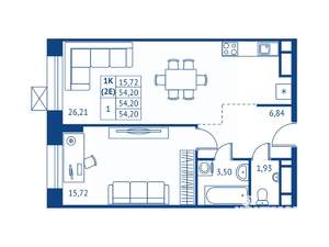 1-к квартира, строящийся дом, 54м2, 6/16 этаж