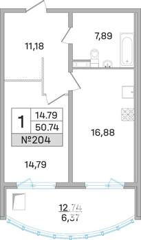1-к квартира, строящийся дом, 51м2, 16/19 этаж