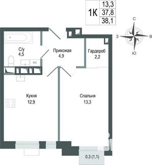 1-к квартира, строящийся дом, 38м2, 6/8 этаж