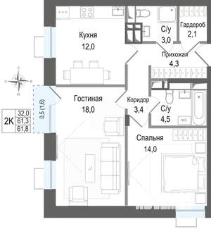 2-к квартира, строящийся дом, 61м2, 4/8 этаж