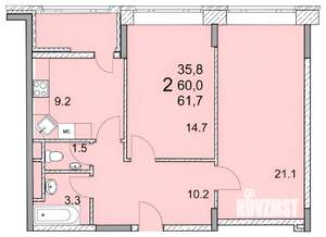 2-к квартира, вторичка, 62м2, 7/17 этаж
