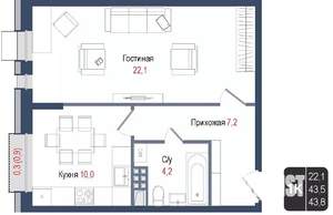 1-к квартира, вторичка, 44м2, 2/8 этаж