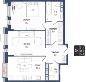 2-к квартира, вторичка, 67м2, 5/8 этаж