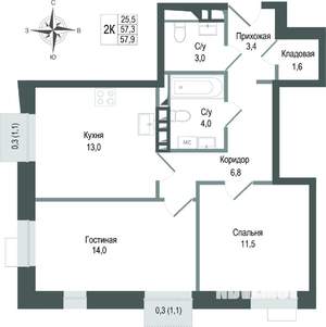 2-к квартира, строящийся дом, 57м2, 4/8 этаж
