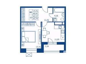 1-к квартира, строящийся дом, 40м2, 6/22 этаж