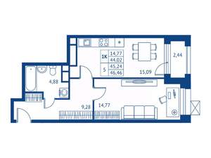1-к квартира, строящийся дом, 44м2, 16/22 этаж