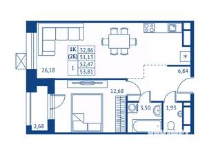 1-к квартира, строящийся дом, 51м2, 10/16 этаж