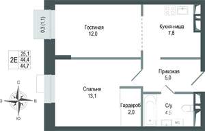 2-к квартира, строящийся дом, 44м2, 3/8 этаж
