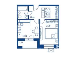 1-к квартира, строящийся дом, 40м2, 12/16 этаж