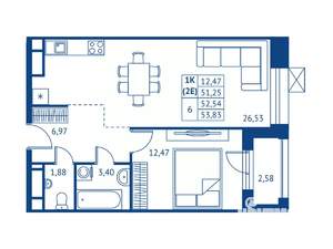1-к квартира, строящийся дом, 51м2, 12/16 этаж