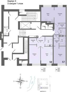2-к квартира, строящийся дом, 54м2, 1/8 этаж