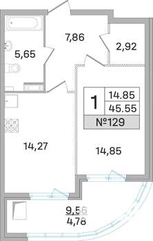1-к квартира, строящийся дом, 45м2, 15/19 этаж