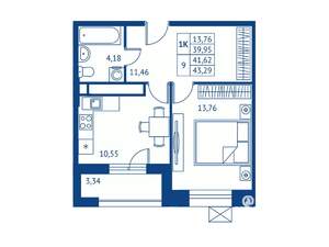 1-к квартира, строящийся дом, 40м2, 13/22 этаж